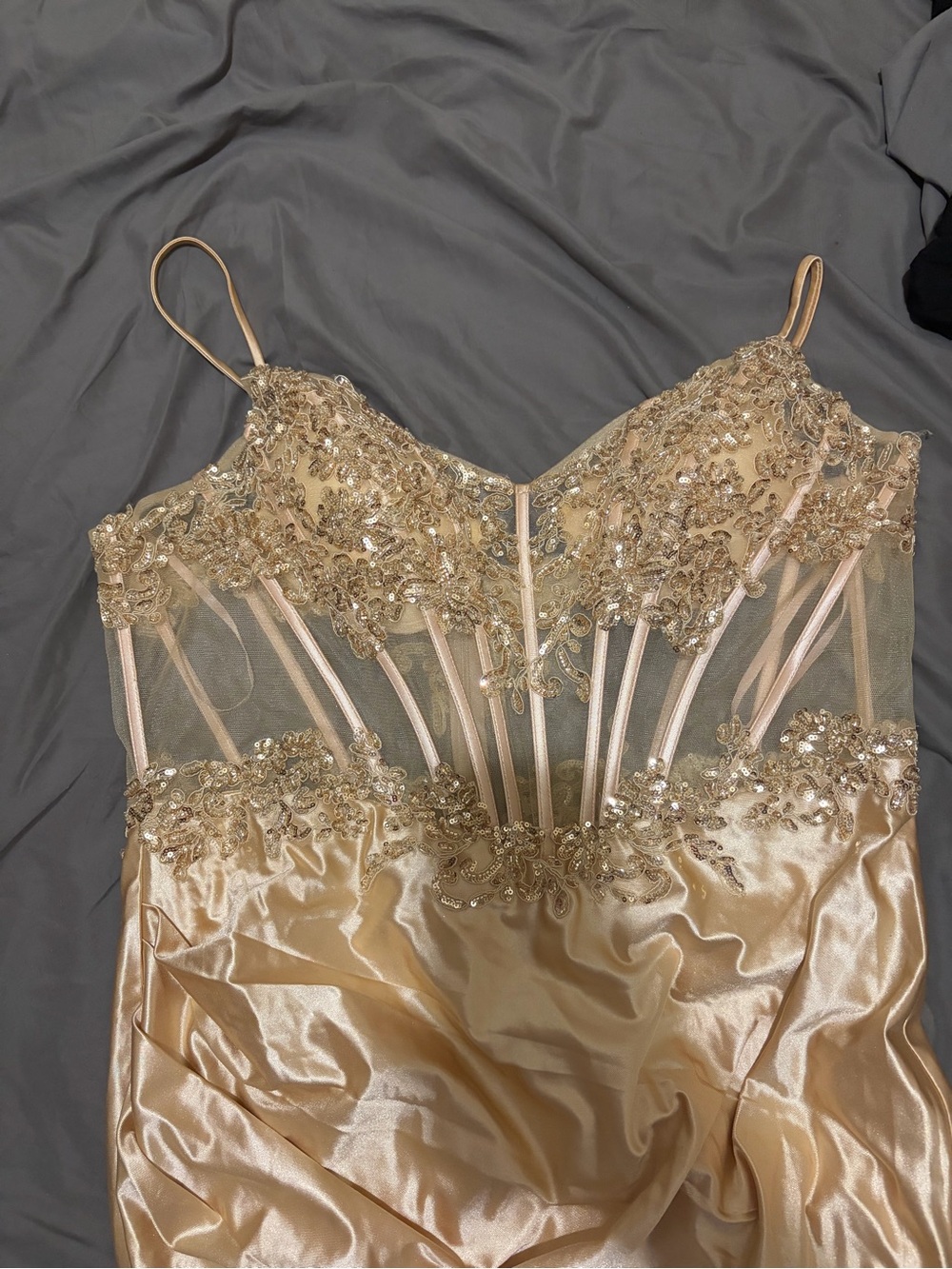 Beaded Gold Satin Prom Dress with Sheer Bodice